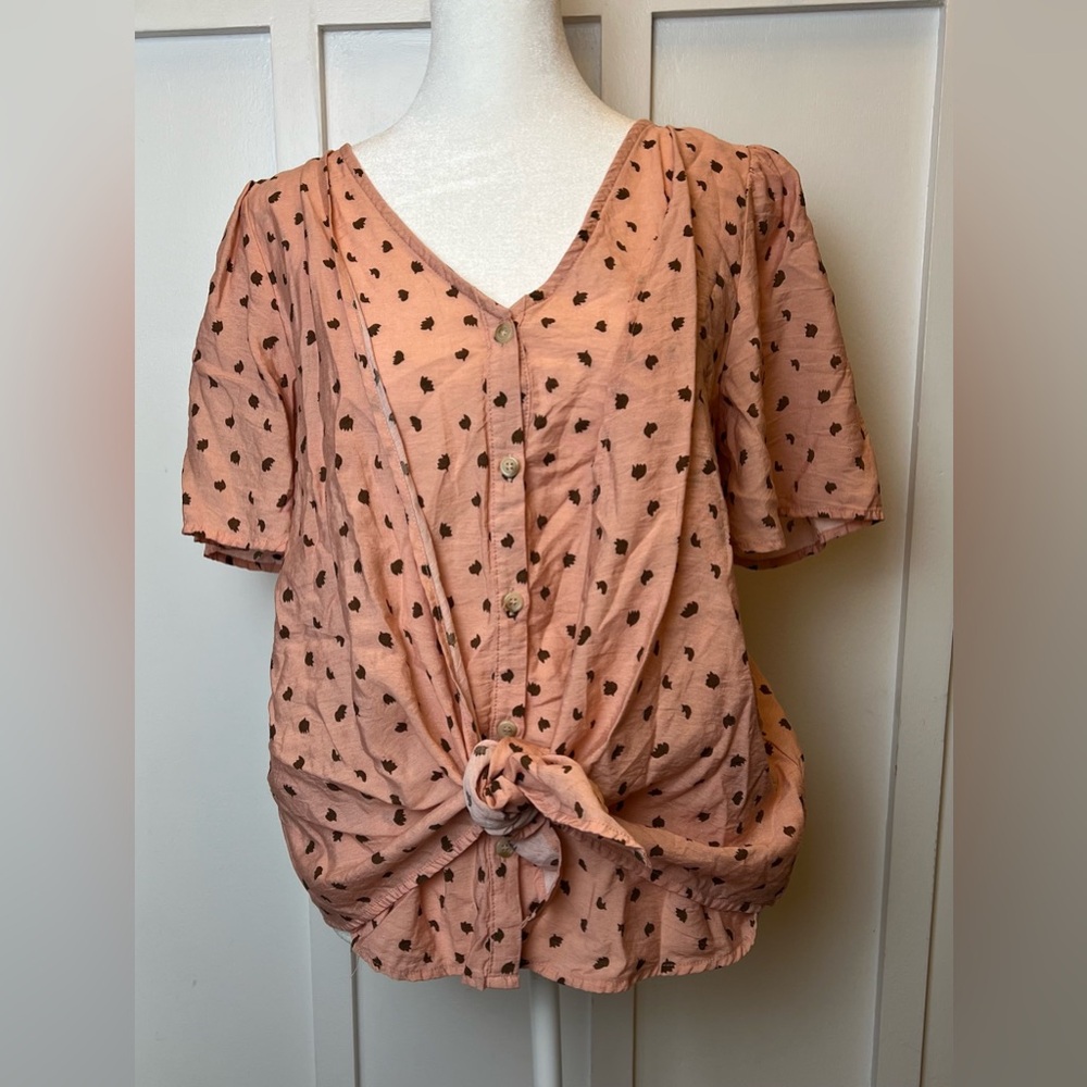Entro Boutique Boho Tie Front Button Up Blouse Polka Dot Print Small Cottage AOP
